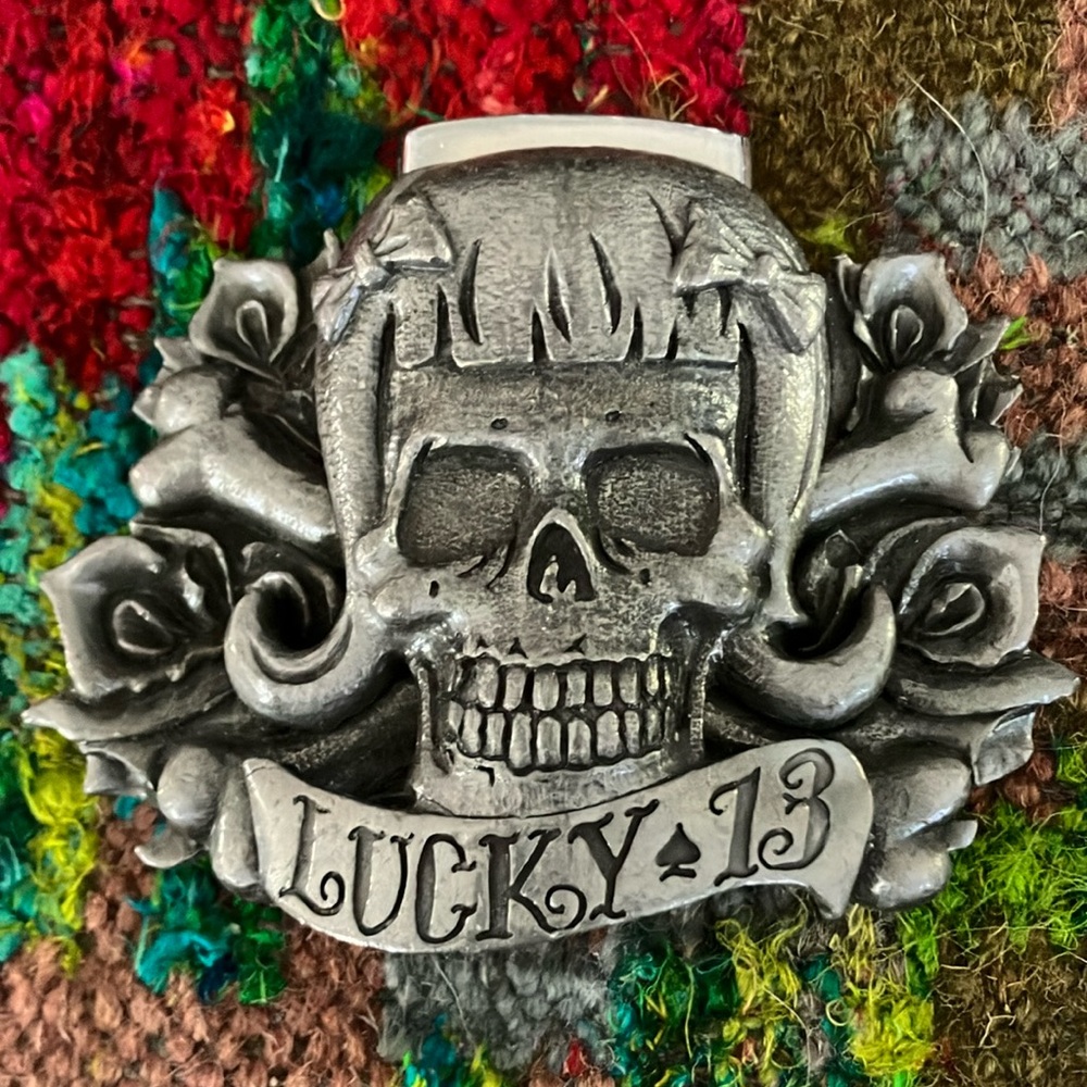 Vintage Original Lucky 13 Punk Psychobilly Skull Rose and Bones Lighter Buckle